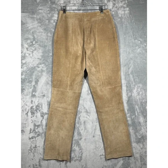 Margaret Godfrey Suede Leather Pants Womens Size 4 Tan Beige Vintage Straight - Picture 2 of 10